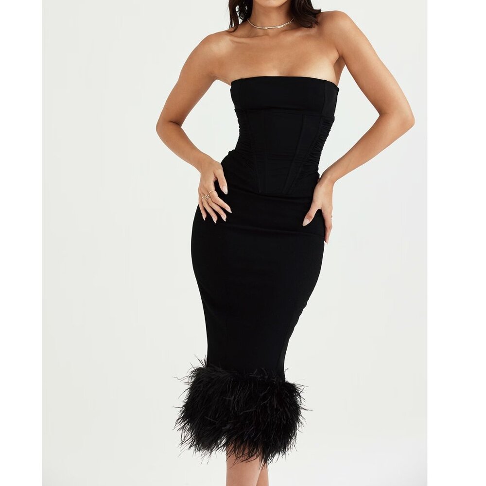 Brand New House of CB Fionula Black Strapless Corset Feather Midi Dress Size XS